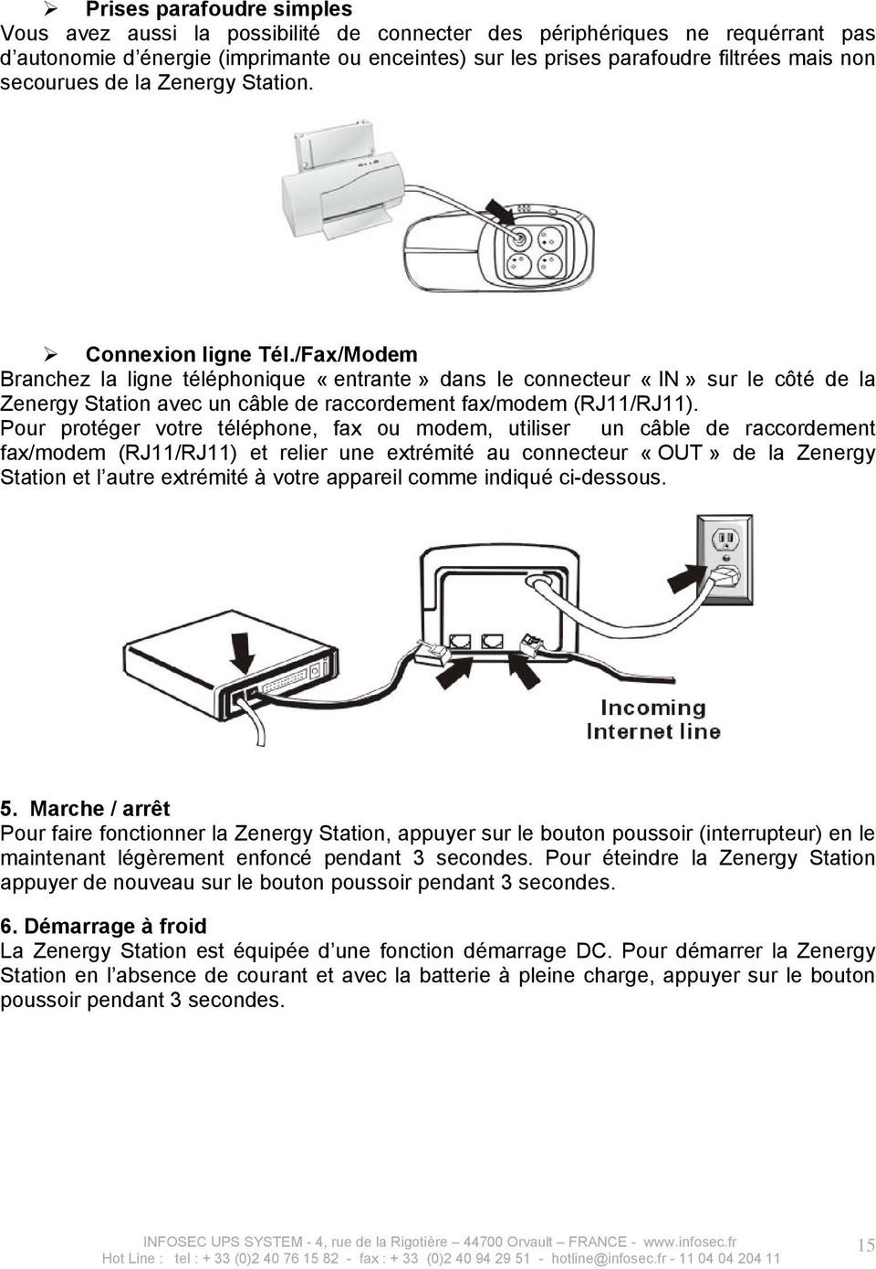 /Fax/Modem Branchez la ligne téléphonique «entrante» dans le connecteur «IN» sur le côté de la Zenergy Station avec un câble de raccordement fax/modem (RJ11/RJ11).