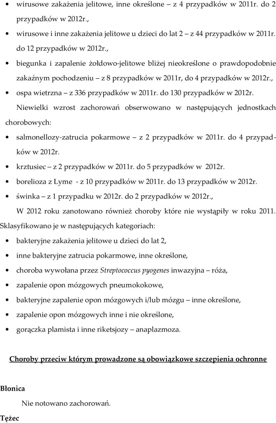 do 130 przypadków w 2012r. Niewielki wzrost zachorowań obserwowano w następujących jednostkach chorobowych: salmonellozy-zatrucia pokarmowe z 2 przypadków w 2011r. do 4 przypadków w 2012r.