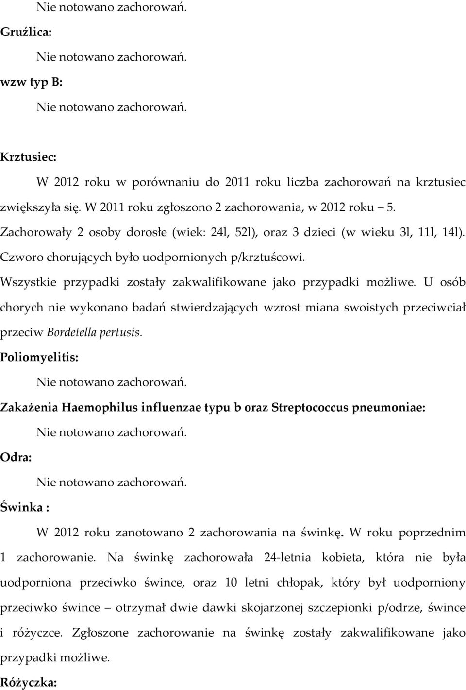 Wszystkie przypadki zostały zakwalifikowane jako przypadki możliwe. U osób chorych nie wykonano badań stwierdzających wzrost miana swoistych przeciwciał przeciw Bordetella pertusis.