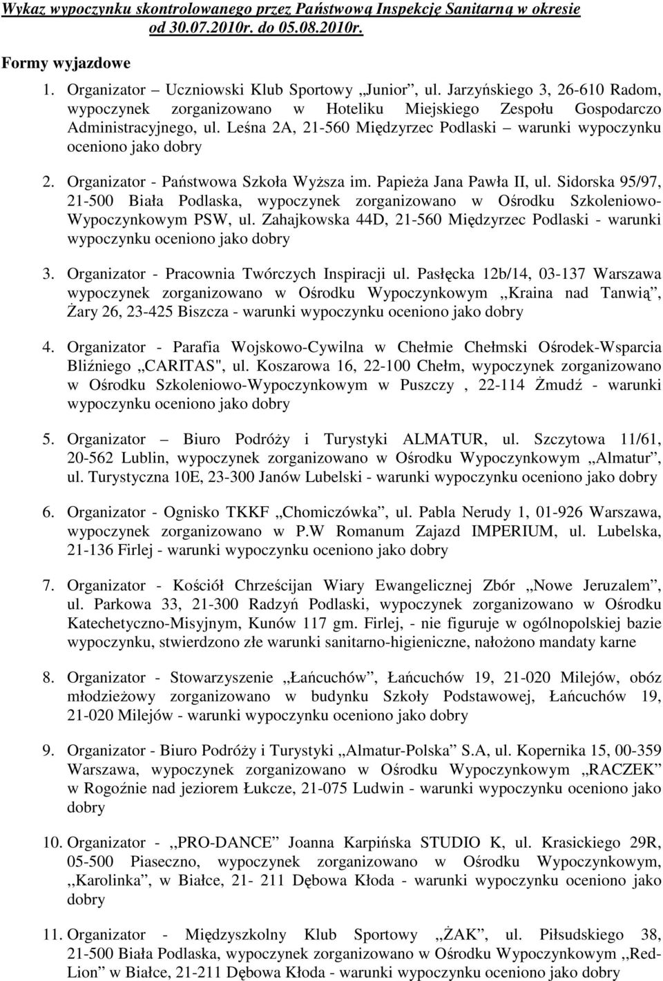 Organizator - Państwowa Szkoła WyŜsza im. PapieŜa Jana Pawła II, ul. Sidorska 95/97, 21-500 Biała Podlaska, wypoczynek zorganizowano w Ośrodku Szkoleniowo- Wypoczynkowym PSW, ul.