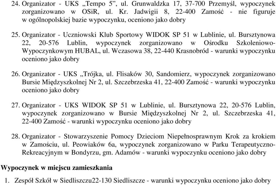 Bursztynowa 22, 20-576 Lublin, wypoczynek zorganizowano w Ośrodku Szkoleniowo- Wypoczynkowym HUBAL, ul. Wczasowa 38, 22-440 Krasnobród - warunki wypoczynku oceniono jako dobry 26.