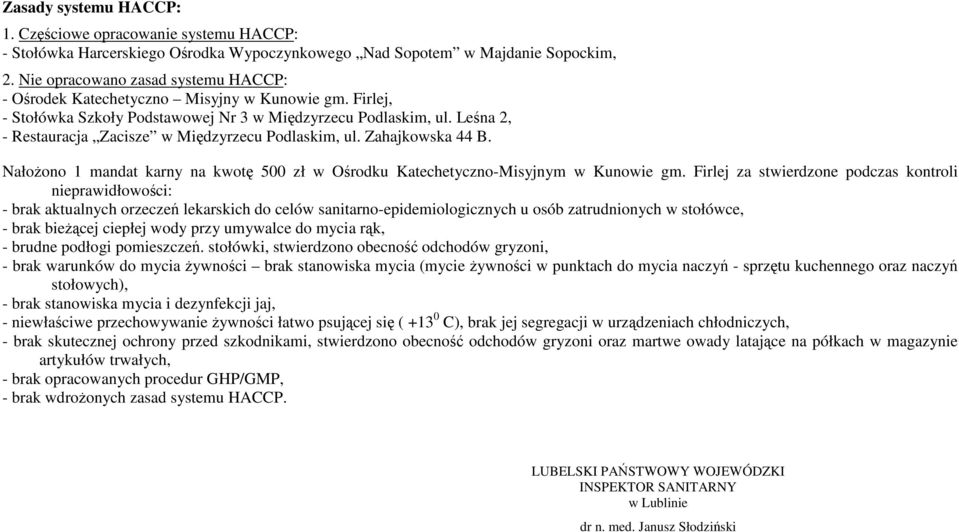 Leśna 2, - Restauracja Zacisze w Międzyrzecu Podlaskim, ul. Zahajkowska 44 B. NałoŜono 1 mandat karny na kwotę 500 zł w Ośrodku Katechetyczno-Misyjnym w Kunowie gm.