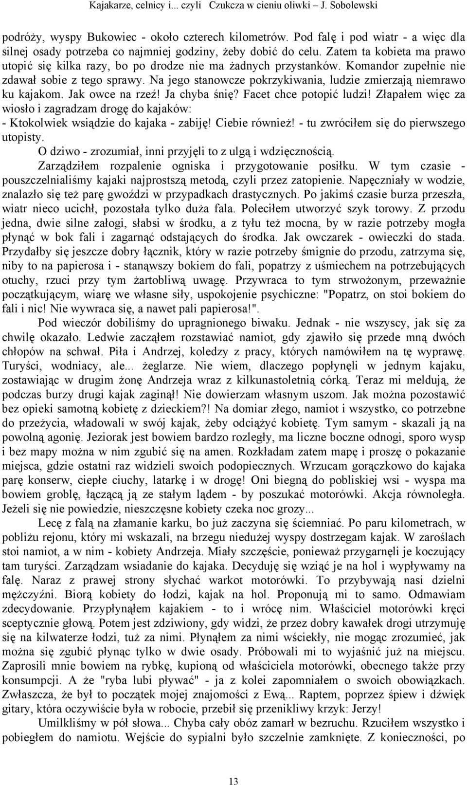 Na jego stanowcze pokrzykiwania, ludzie zmierzają niemrawo ku kajakom. Jak owce na rzeź! Ja chyba śnię? Facet chce potopić ludzi!