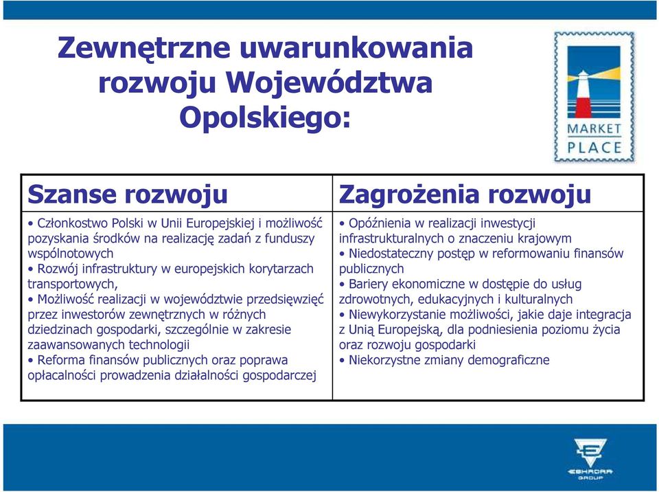 zaawansowanych technologii Reforma finansów publicznych oraz poprawa opłacalności prowadzenia działalności gospodarczej ZagroŜenia rozwoju Opóźnienia w realizacji inwestycji infrastrukturalnych o