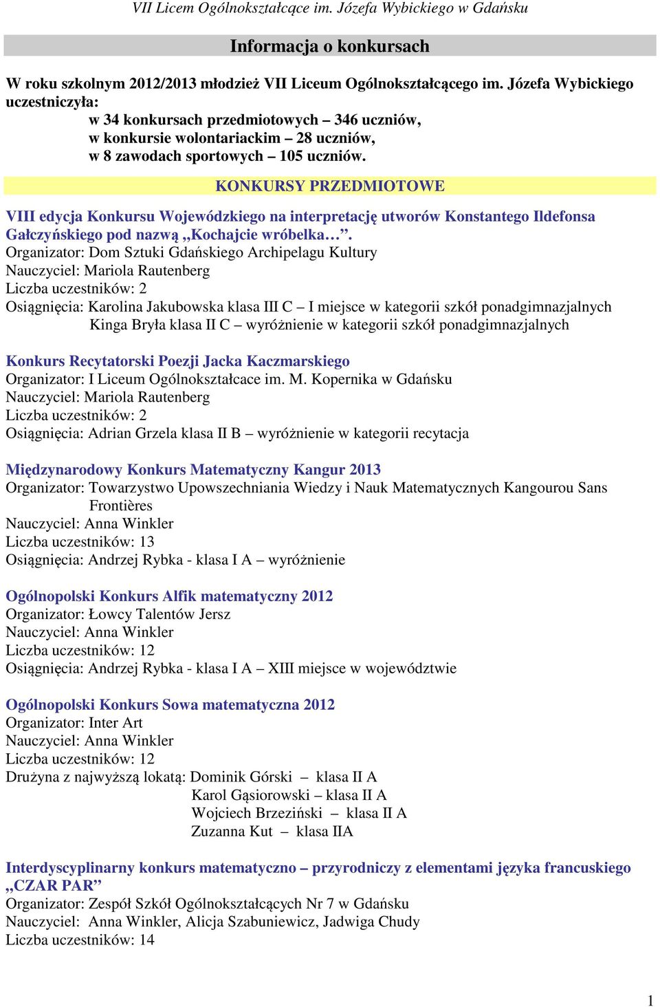 KONKURSY PRZEDMIOTOWE VIII edycja Konkursu Wojewódzkiego na interpretację utworów Konstantego Ildefonsa Gałczyńskiego pod nazwą Kochajcie wróbelka.