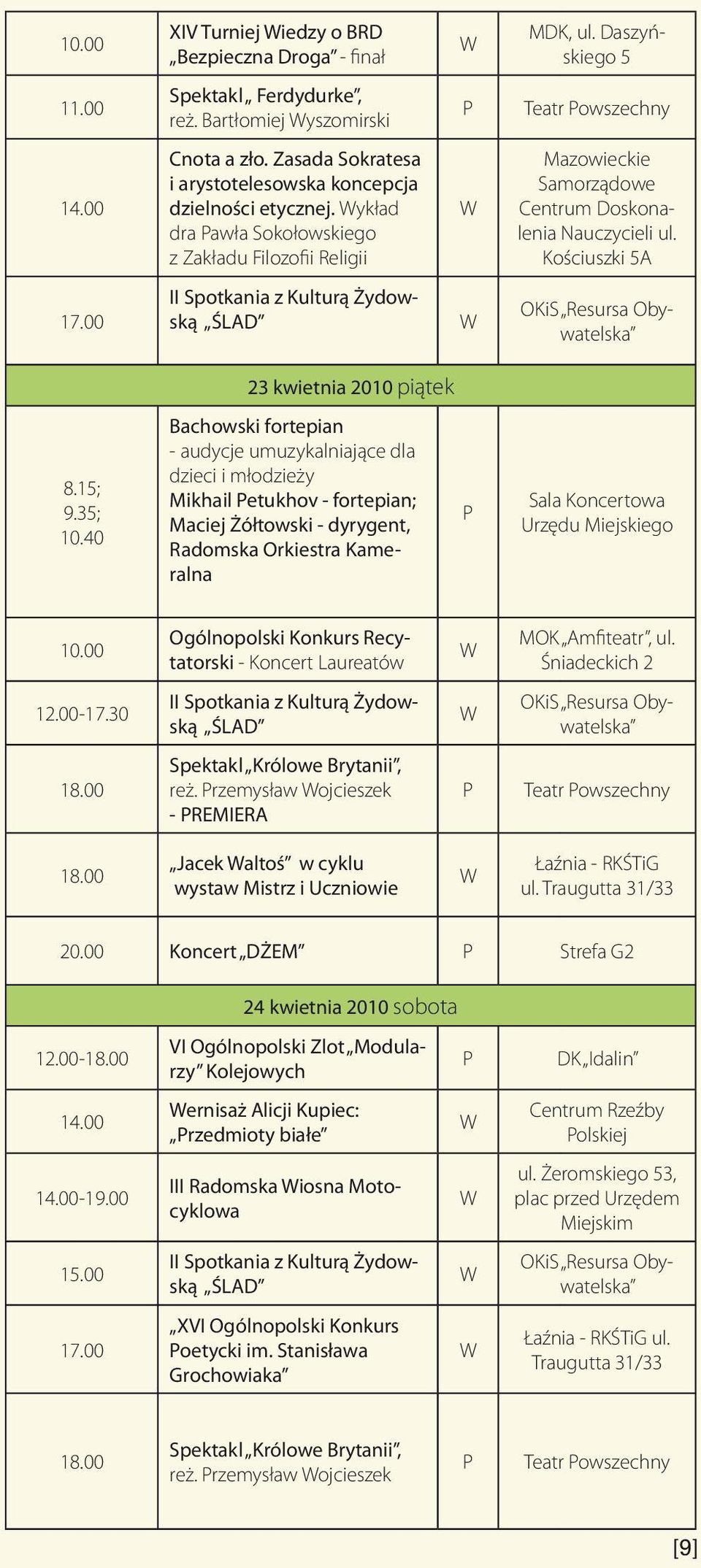 Kościuszki 5A 17.00 II Spotkania z Kulturą Żydowską ŚLAD OKiS Resursa Obywatelska 23 kwietnia 2010 piątek 8.15; 9.35; 10.