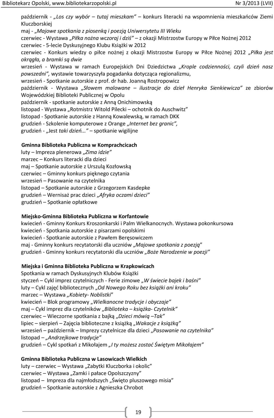 Nożnej 2012 Piłka jest okrągła, a bramki są dwie wrzesień - Wystawa w ramach Europejskich Dni Dziedzictwa Krople codzienności, czyli dzień nasz powszedni, wystawie towarzyszyła pogadanka dotycząca