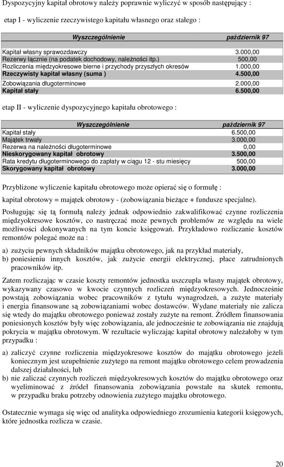 500,00 Zobowiązania długoterminowe 2.000,00 Kapitał stały 6.500,00 etap II - wyliczenie dyspozycyjnego kapitału obrotowego : Wyszczególnienie październik 97 Kapitał stały 6.500,00 Majątek trwały 3.