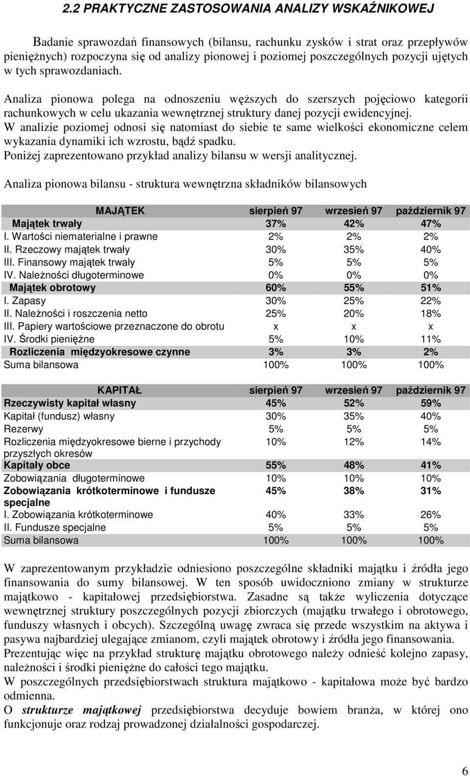 Analiza pionowa polega na odnoszeniu węŝszych do szerszych pojęciowo kategorii rachunkowych w celu ukazania wewnętrznej struktury danej pozycji ewidencyjnej.