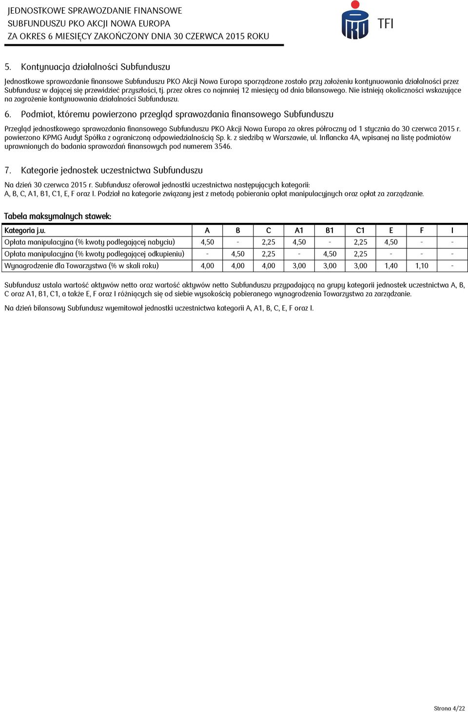 Podmiot, któremu powierzono przegląd sprawozdania finansowego Subfunduszu Przegląd jednostkowego sprawozdania finansowego Subfunduszu PKO Akcji Nowa Europa za okres półroczny od 1 stycznia do 30