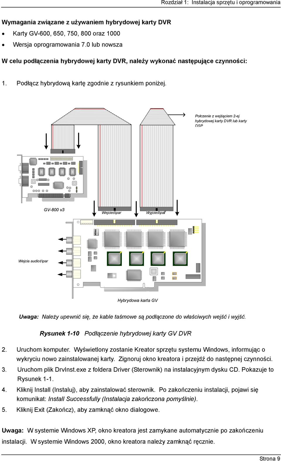 Połczenie z wejśąciem 2-ej hybrydowej karty DVR lub karty DSP GV-800 v3 Wejcieś\par Wyjcieś\par ON 1 2 3 4 Wejcia audioś\par Hybrydowa karta GV Uwaga: Należy upewnić się, że kable taśmowe są