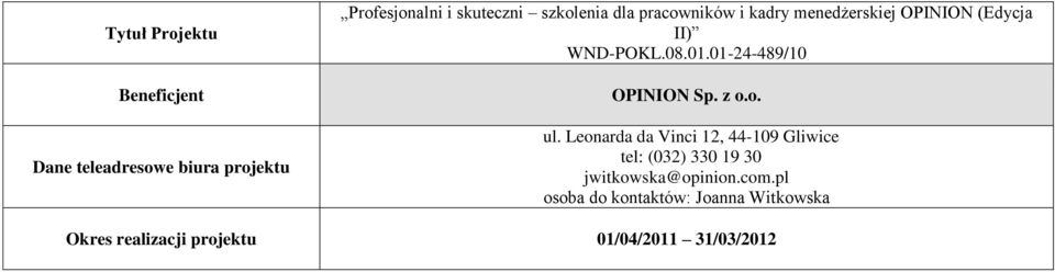 o. ul. Leonarda da Vinci 12, 44-109 Gliwice tel: (032) 330 19 30 jwitkowska@opinion.