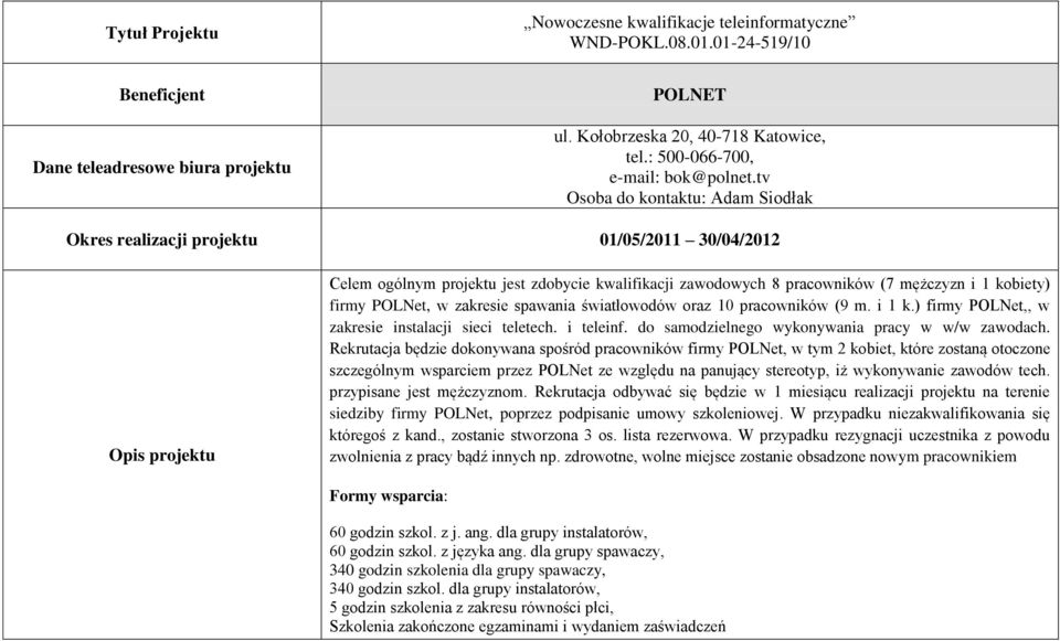 firmy POLNet, w zakresie spawania światłowodów oraz 10 pracowników (9 m. i 1 k.) firmy POLNet,, w zakresie instalacji sieci teletech. i teleinf. do samodzielnego wykonywania pracy w w/w zawodach.