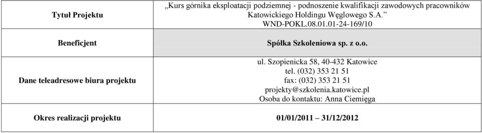 01-24-169/10 Spółka Szkoleniowa sp. z o.o. ul. Szopienicka 58, 40-432 Katowice tel.