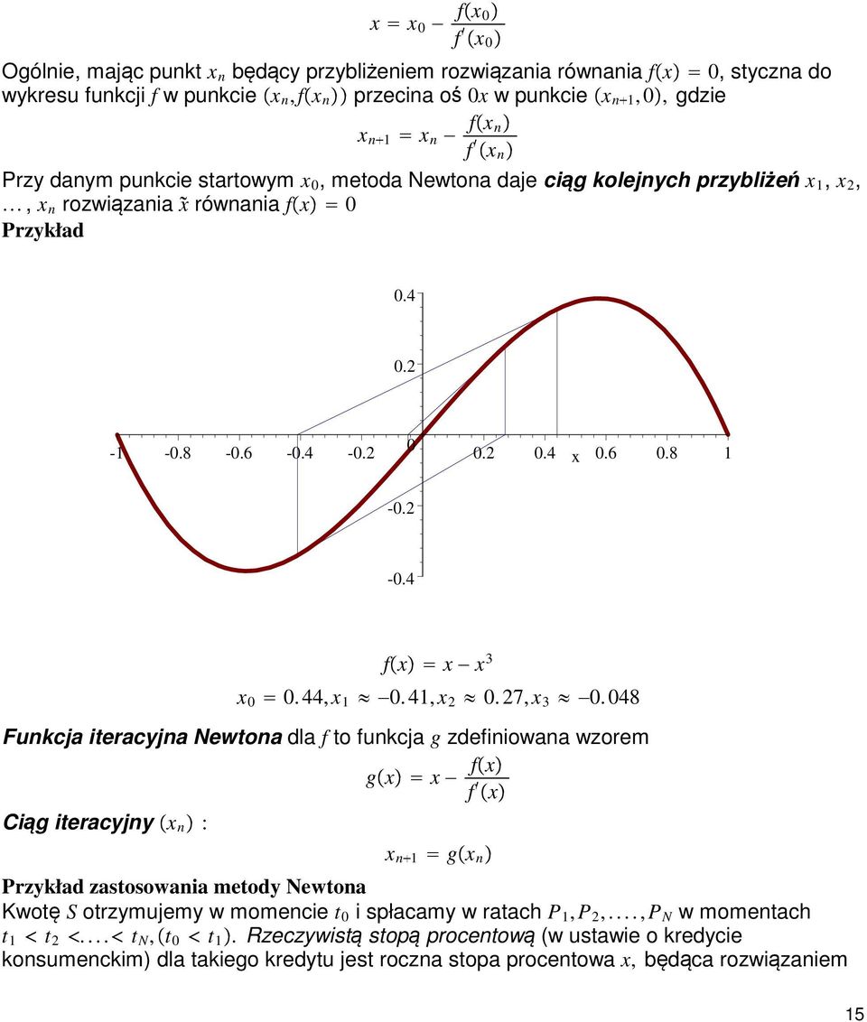 48 Funkcja iteracyjna Newtona dla f to funkcja g zdefiniowana wzorem gx x fx f x Ciąg iteracyjny x n : x n gx n Przykład zastosowania metody Newtona Kwotę S otrzymujemy w momencie t i