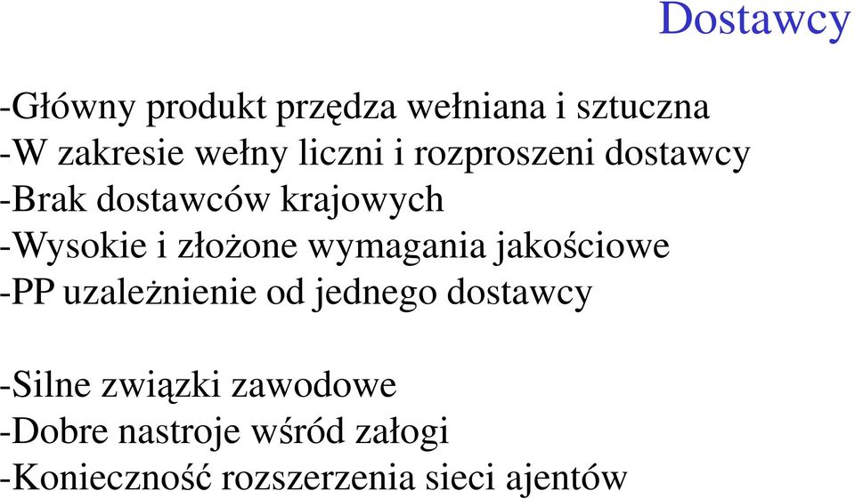 złożone wymagania jakościowe -PP uzależnienie od jednego dostawcy -Silne