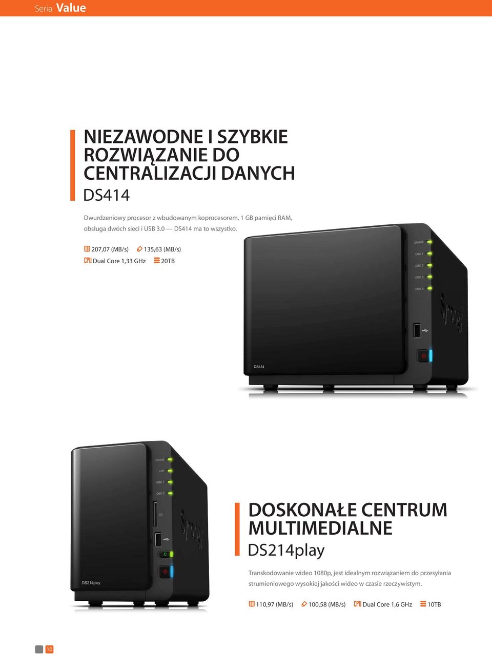 207,07 (MB/s) 135,63 (MB/s) Dual Core 1,33 GHz 20TB DOSKONAŁE CENTRUM MULTIMEDIALNE DS214play Transkodowanie wideo