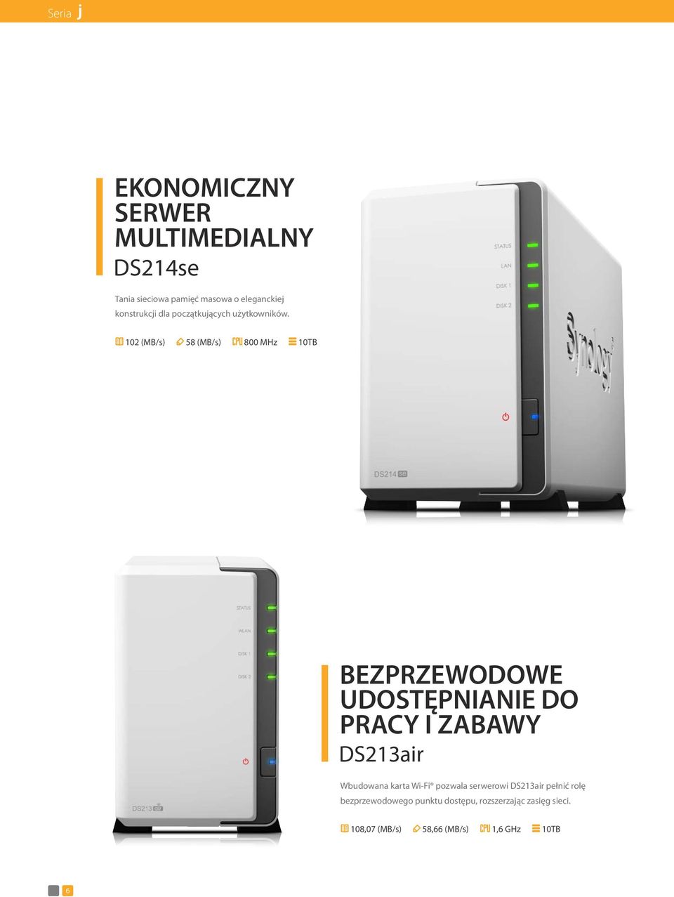 102 (MB/s) 58 (MB/s) 800 MHz 10TB BEZPRZEWODOWE UDOSTĘPNIANIE DO PRACY I ZABAWY DS213air