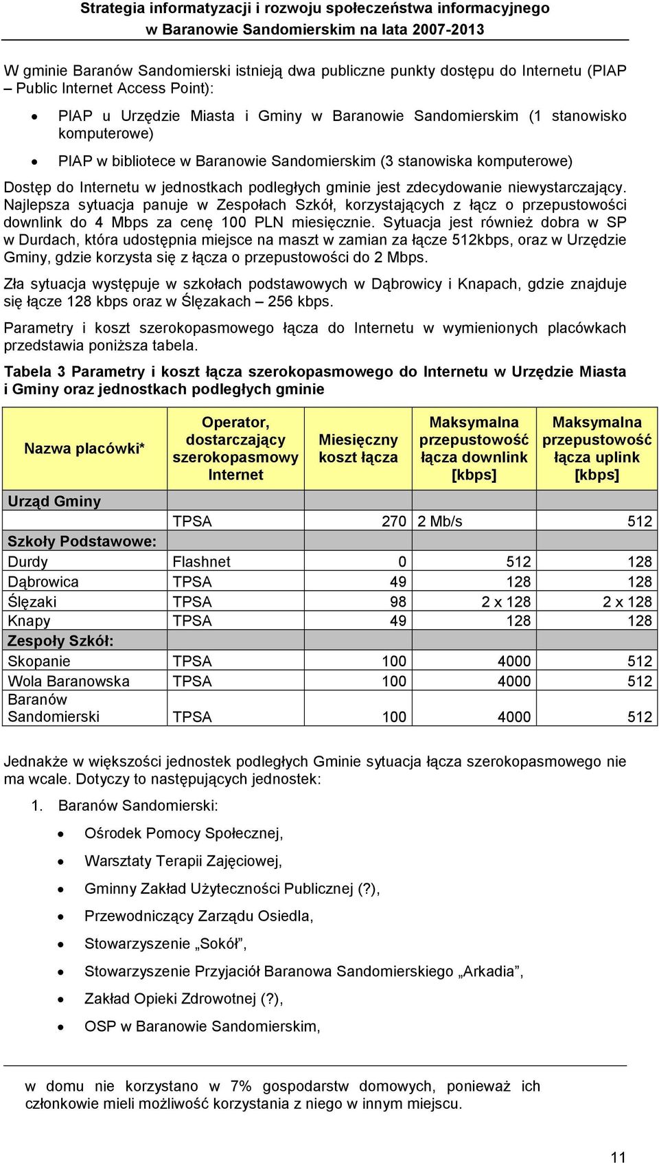 Najlepsza sytuacja panuje w Zespołach Szkół, korzystających z łącz o przepustowości downlink do 4 Mbps za cenę 100 PLN miesięcznie.