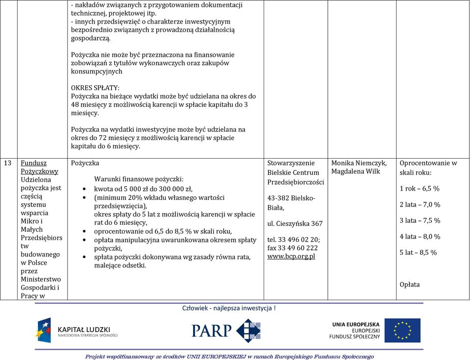 możliwością karencji w spłacie kapitału do 3 miesięcy. Pożyczka na wydatki inwestycyjne może być udzielana na okres do 72 miesięcy z możliwością karencji w spłacie kapitału do 6 miesięcy.