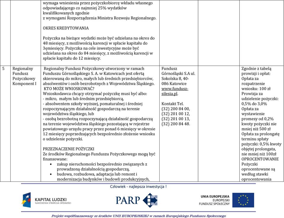 Pożyczka na cele inwestycyjne może być udzielana na okres do 84 miesięcy, z możliwością karencji w spłacie kapitału do 12 miesięcy.