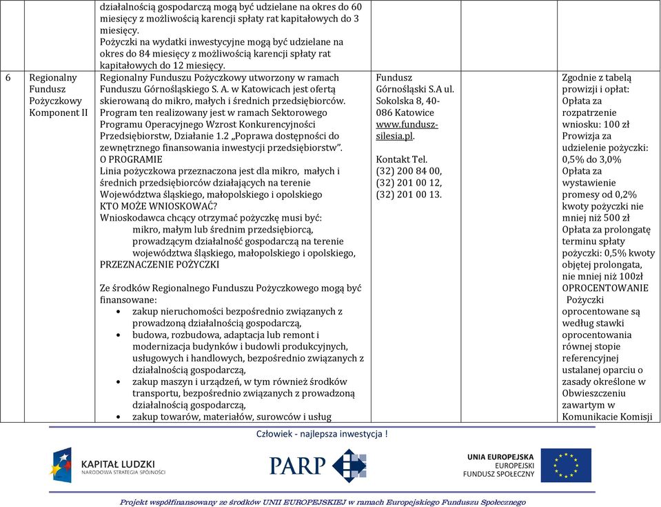 Regionalny Funduszu Pożyczkowy utworzony w ramach Funduszu Górnośląskiego S. A. w Katowicach jest ofertą skierowaną do mikro, małych i średnich przedsiębiorców.