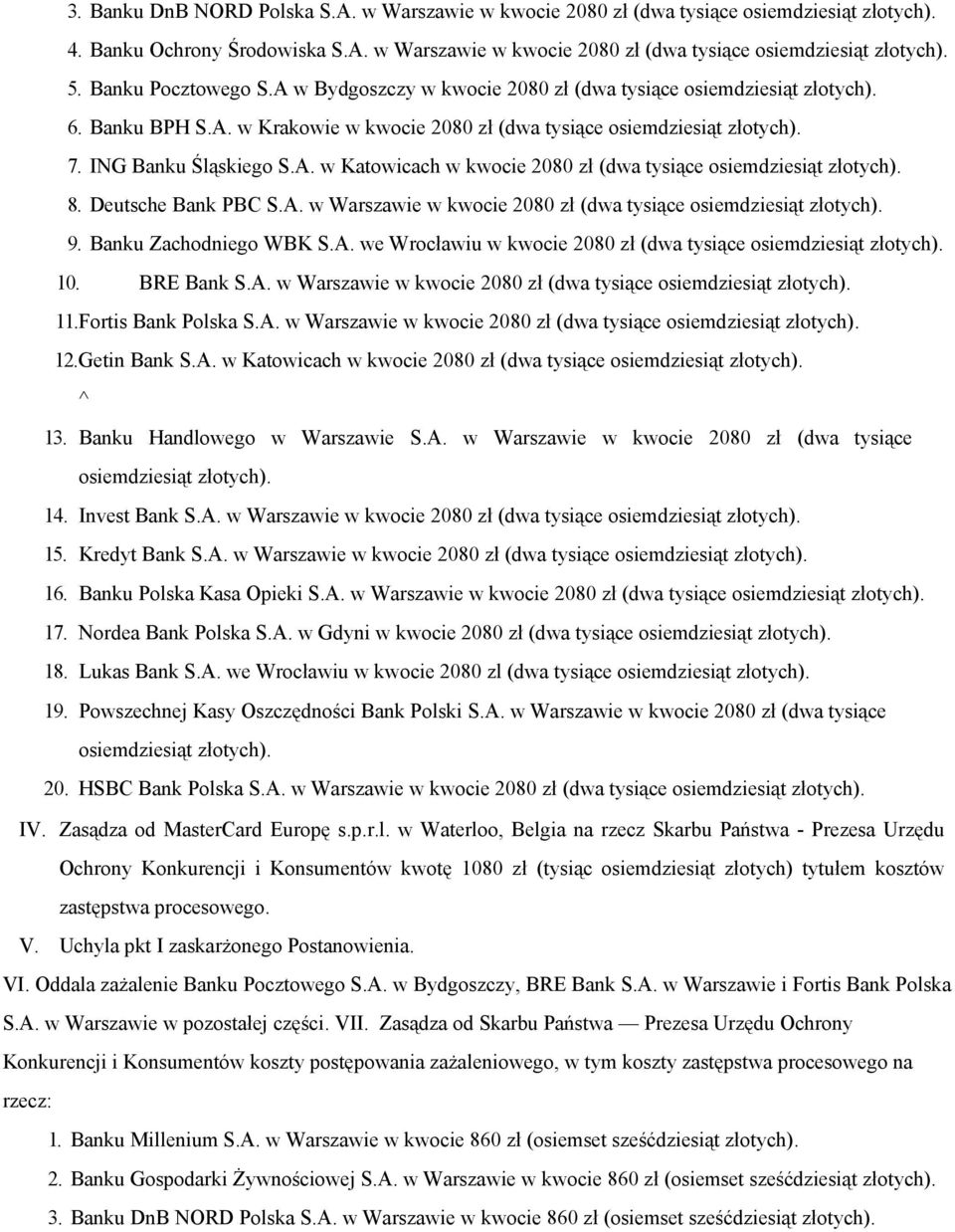 Deutsche Bank PBC S.A. w Warszawie w kwocie 2080 zł (dwa tysiące osiemdziesiąt 9. Banku Zachodniego WBK S.A. we Wrocławiu w kwocie 2080 zł (dwa tysiące osiemdziesiąt 10. BRE Bank S.A. w Warszawie w kwocie 2080 zł (dwa tysiące osiemdziesiąt 11.