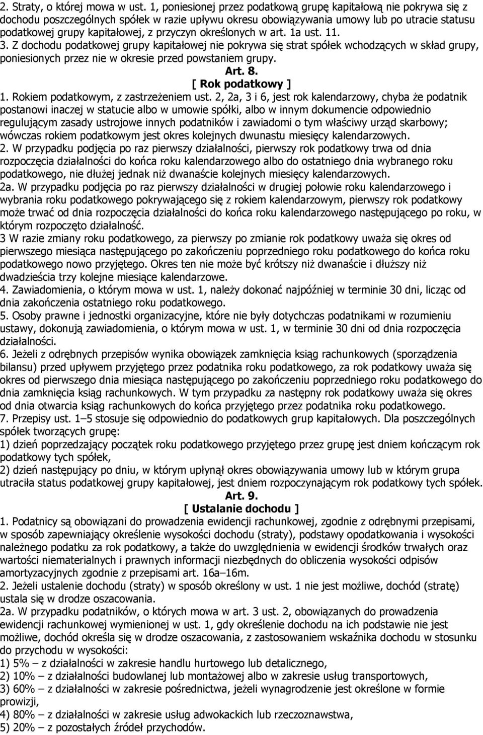 przyczyn określonych w art. 1a ust. 11. 3. Z dochodu podatkowej grupy kapitałowej nie pokrywa się strat spółek wchodzących w skład grupy, poniesionych przez nie w okresie przed powstaniem grupy. Art.