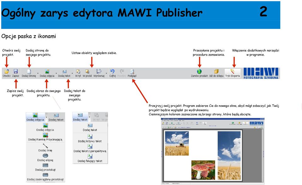 Włączenie dodatkowych narzędzi w programie. Dodaj tekst do swojego projektu. Przejrzyj swój projekt.