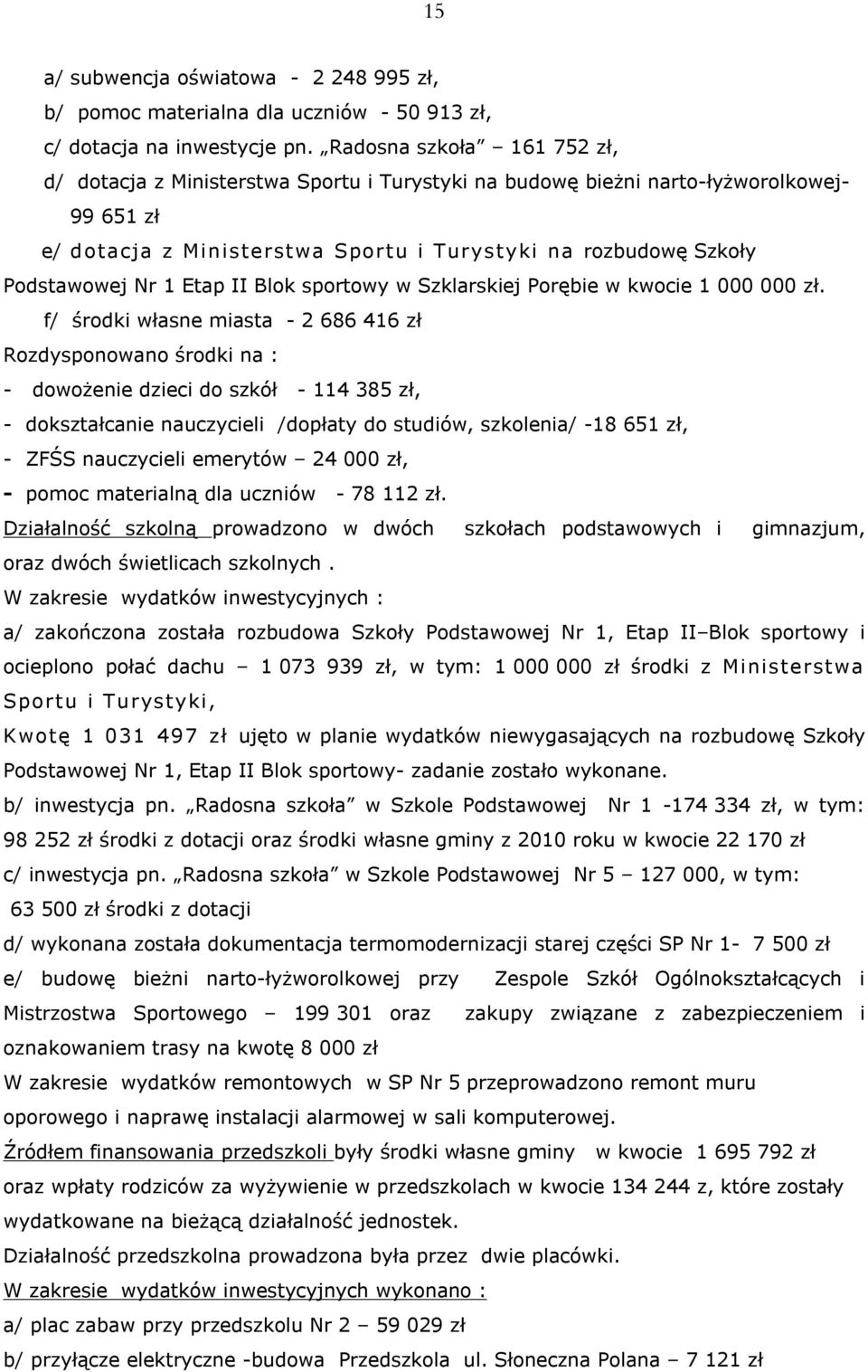 1 Etap II Blok sportowy w Szklarskiej Porębie w kwocie 1 000 000 zł.