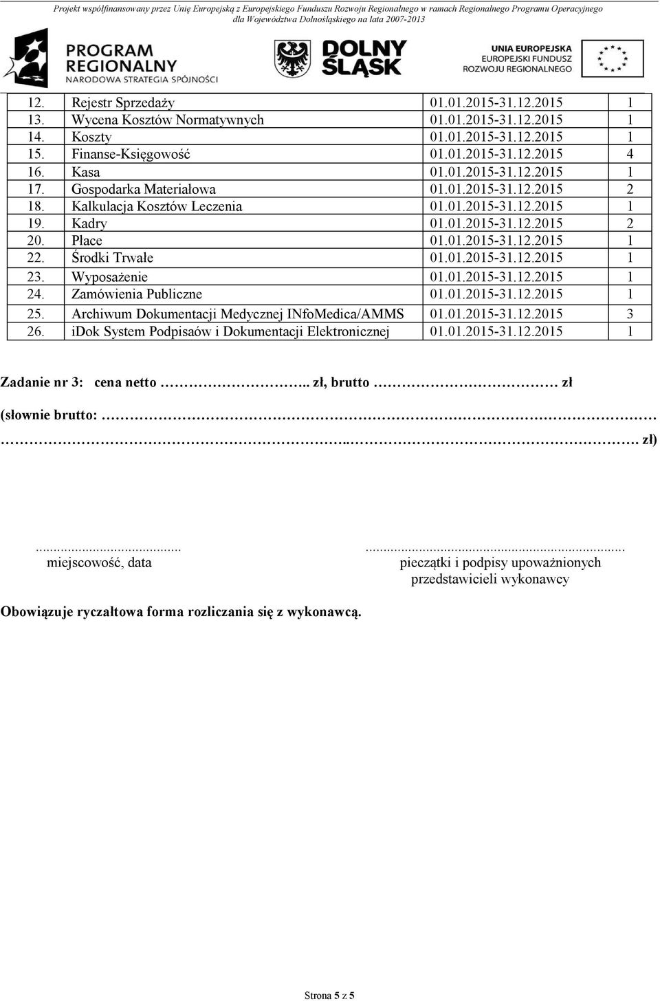 Wyposażenie 01.01.2015-31.12.2015 1 24. Zamówienia Publiczne 01.01.2015-31.12.2015 1 25. Archiwum Dokumentacji Medycznej INfoMedica/AMMS 01.01.2015-31.12.2015 3 26.