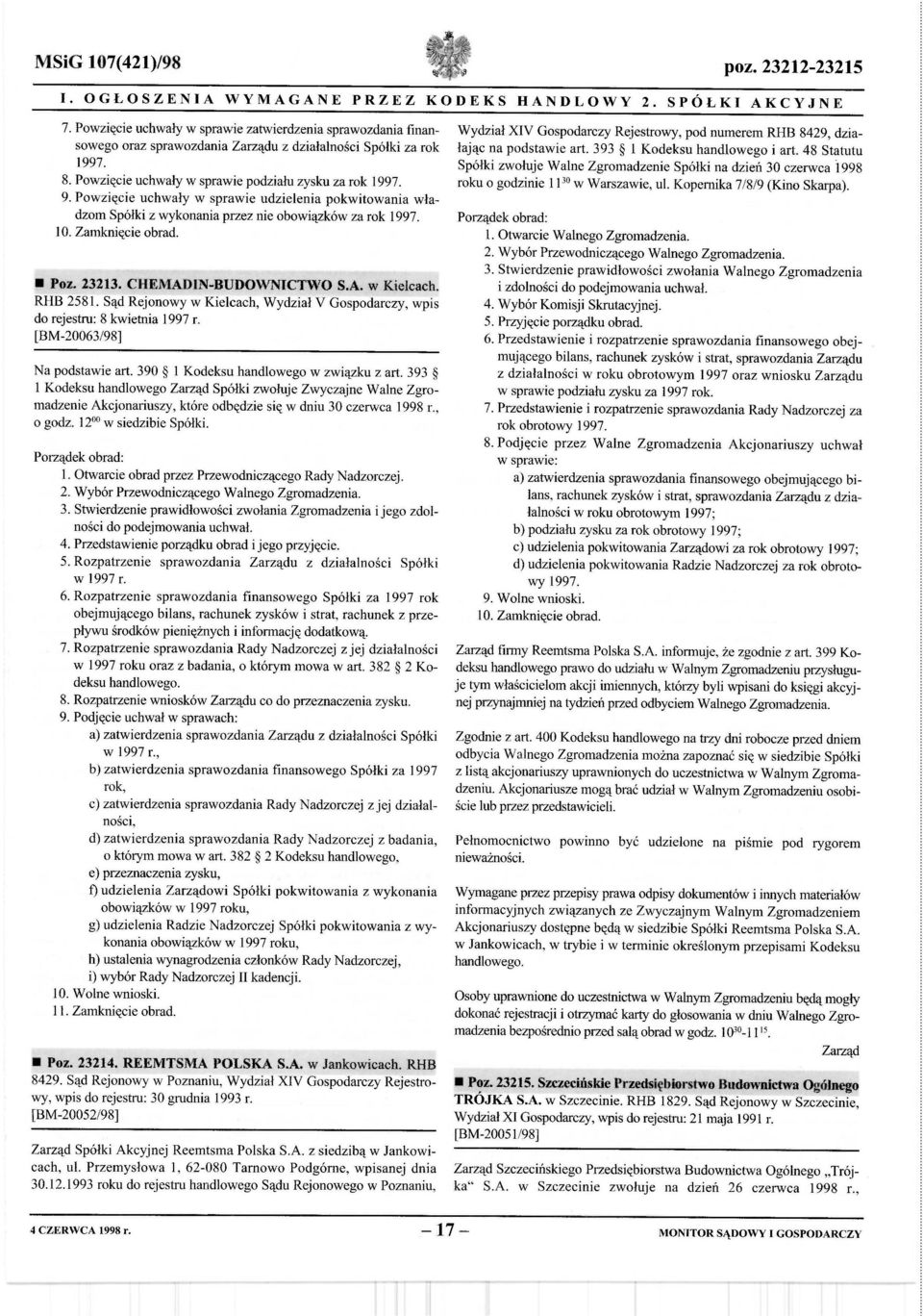 Powzięcie uchwały w sprawie udzielenia pokwitowania władzom Spółki z wykonania przez nie obowiązków za rok 1997. l O. Zamknięcie obrad. Poz. 23213. CHEMADlN-BUDOWNTCTWO S.A. w Kielcach. RHB 2581.