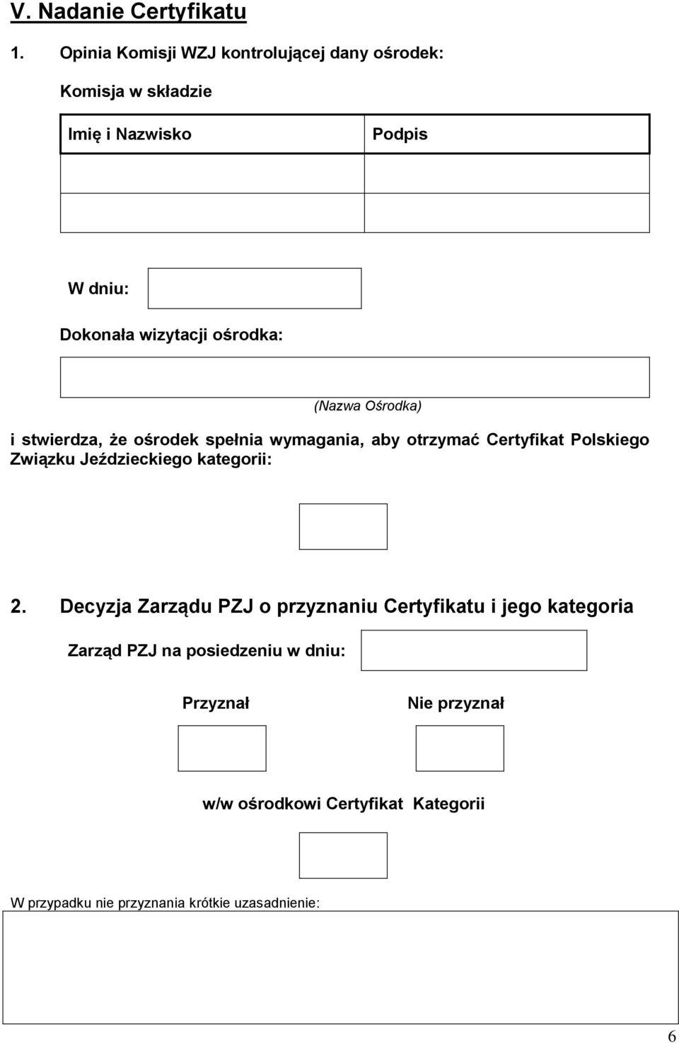 ośrodka: (Nazwa Ośrodka) i stwierdza, że ośrodek spełnia wymagania, aby otrzymać Certyfikat Polskiego Związku