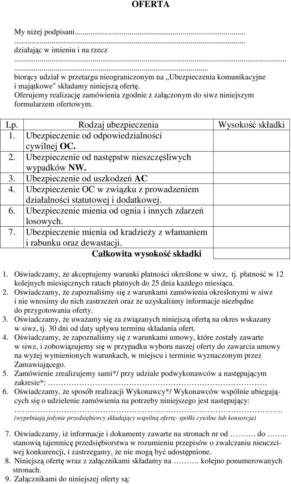 Ubezpieczenie od następstw nieszczęśliwych wypadków NW. 3. Ubezpieczenie od uszkodzeń AC 4. Ubezpieczenie OC w związku z prowadzeniem działalności statutowej i dodatkowej. 6.