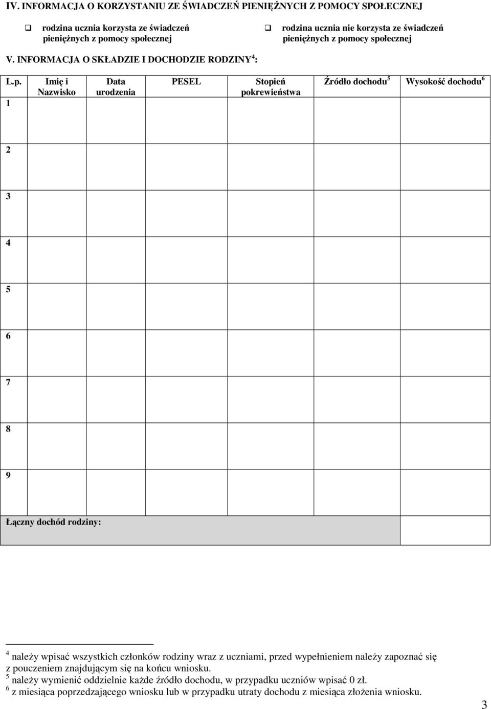 2 3 4 5 6 7 8 9 Łączny dochód rodziny: 4 należy wpisać wszystkich członków rodziny wraz z uczniami, przed wypełnieniem należy zapoznać się z pouczeniem znajdującym się na końcu