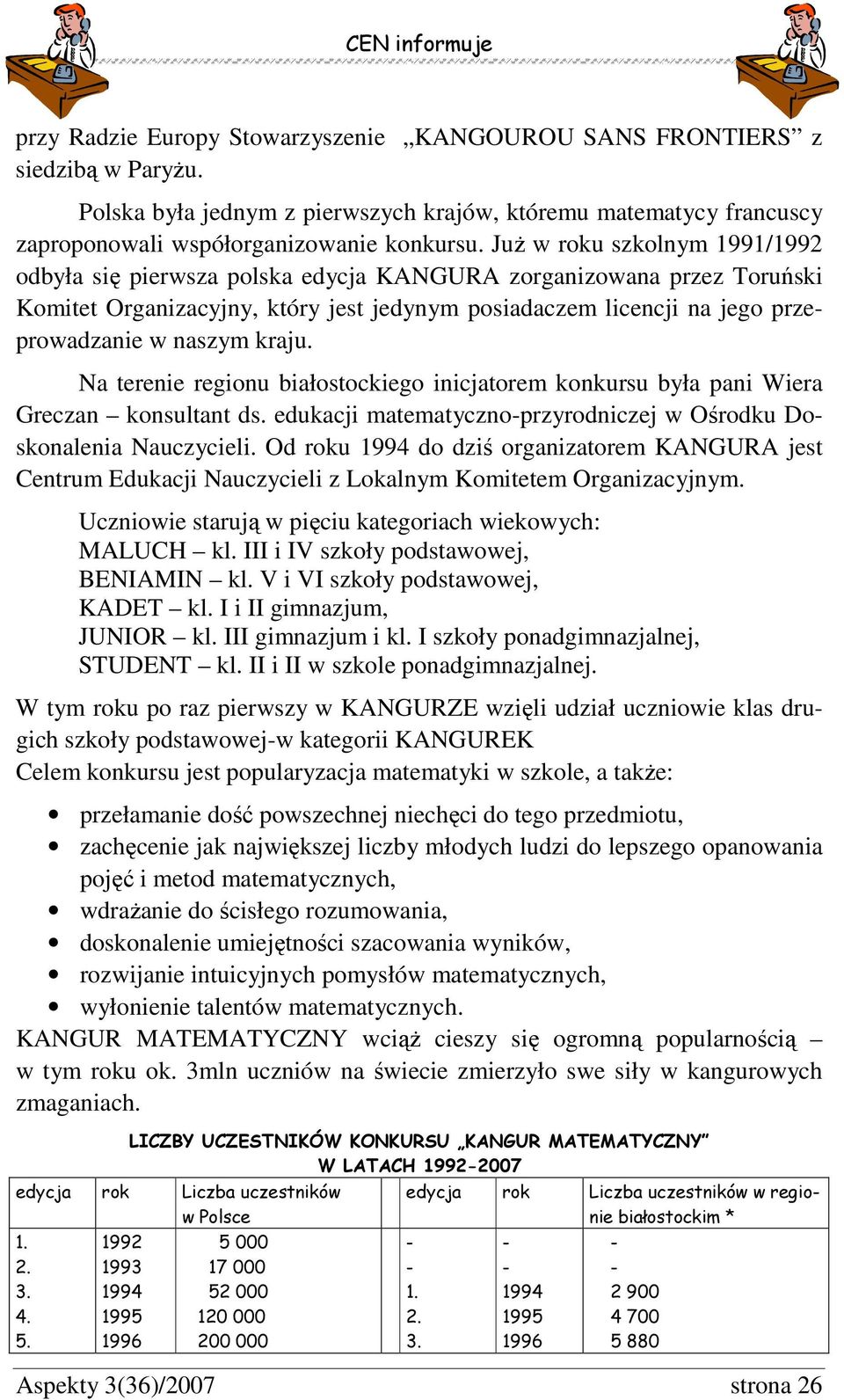 kraju. Na terenie regionu białostockiego inicjatorem konkursu była pani Wiera Greczan konsultant ds. edukacji matematyczno-przyrodniczej w Ośrodku Doskonalenia Nauczycieli.