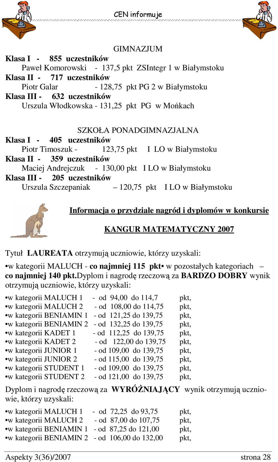 Białymstoku Klasa III - 205 uczestników Urszula Szczepaniak 120,75 pkt I LO w Białymstoku Informacja o przydziale nagród i dyplomów w konkursie KANGUR MATEMATYCZNY 2007 Tytuł LAUREATA otrzymują