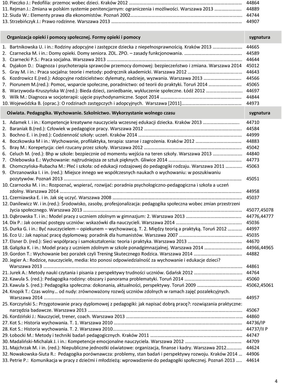 Bartnikowska U. i in.: Rodziny adopcyjne i zastępcze dziecka z niepełnosprawnością. Kraków 2013. 2. Czarnecka M. i in.: Domy opieki. Domy seniora. ZOL. ZPO. zasady funkcjonowania.. 3. Czarnecki P.S.