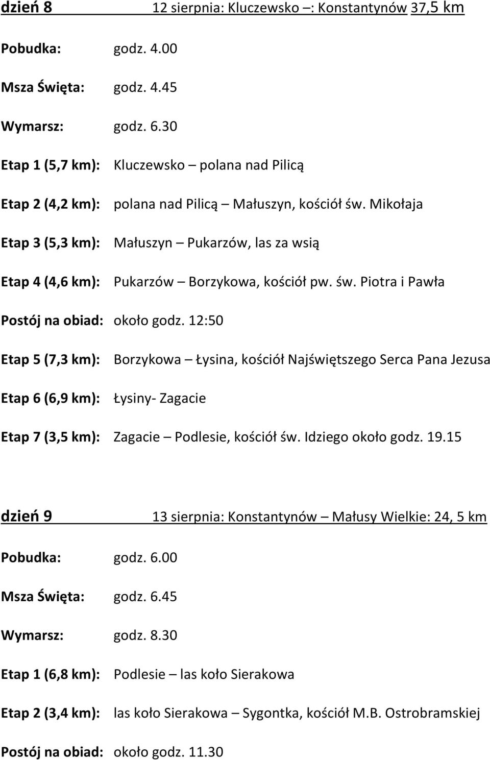 Mikołaja Etap 3 (5,3 km): Małuszyn Pukarzów, las za wsią Etap 4 (4,6 km): Pukarzów Borzykowa, kościół pw. św. Piotra i Pawła Postój na obiad: około godz.