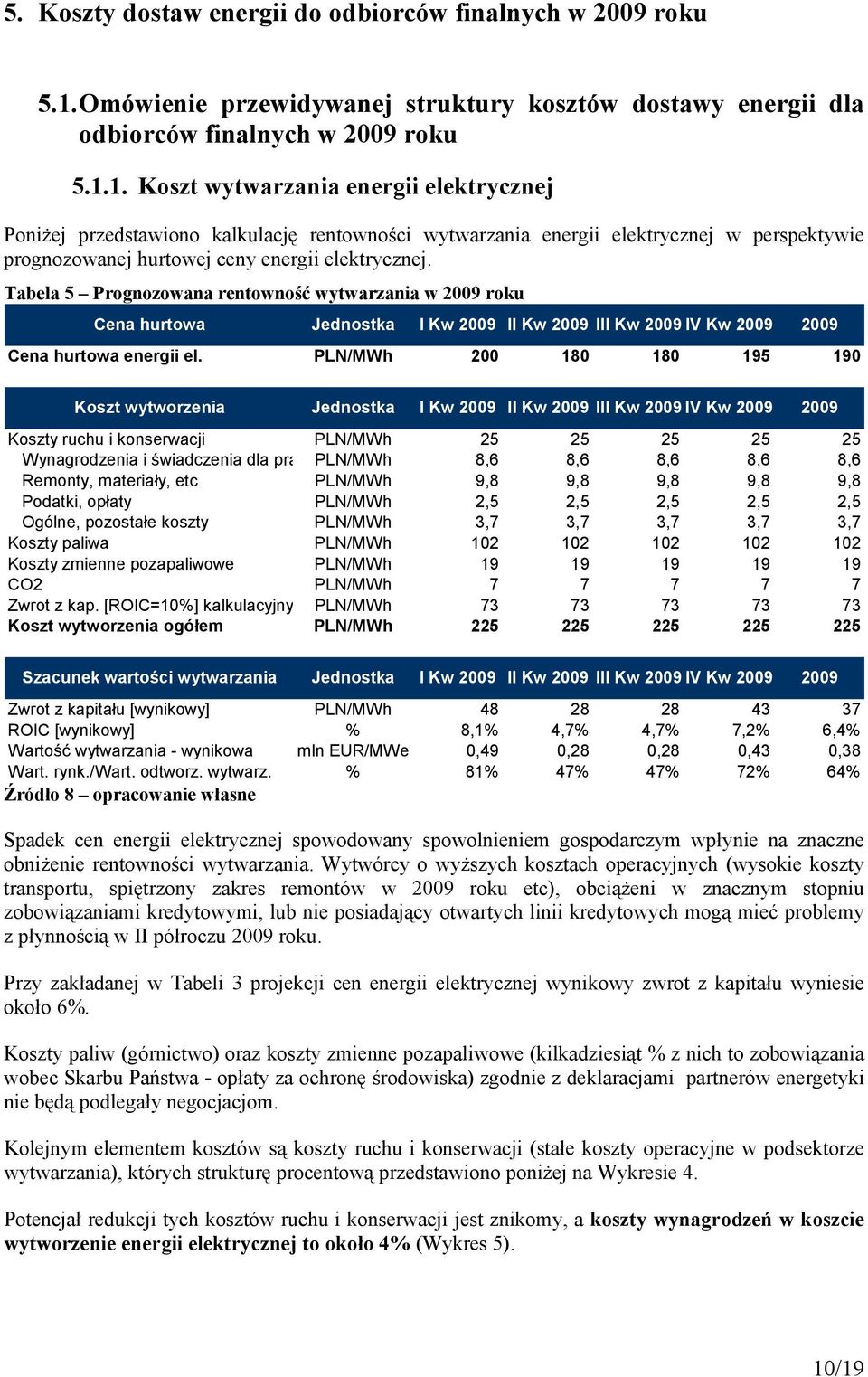 1. Koszt wytwarzania energii elektrycznej Poniżej przedstawiono kalkulację rentowności wytwarzania energii elektrycznej w perspektywie prognozowanej hurtowej ceny energii elektrycznej.