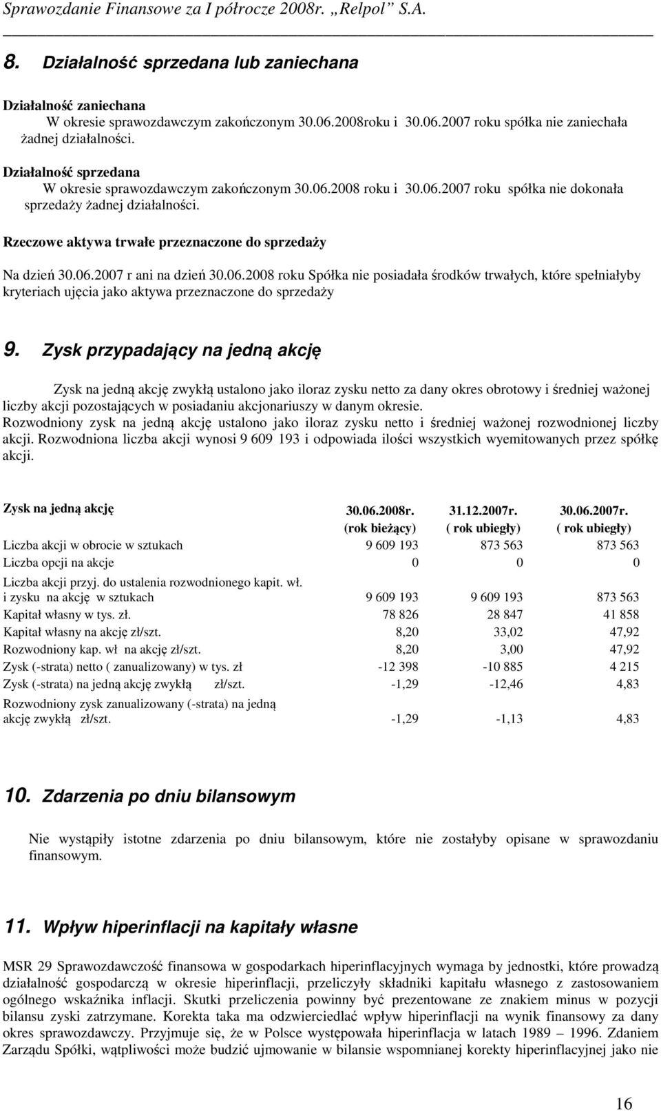 Rzeczowe aktywa trwałe przeznaczone do sprzedaży Na dzień 30.06.2007 r ani na dzień 30.06.2008 roku Spółka nie posiadała środków trwałych, które spełniałyby kryteriach ujęcia jako aktywa przeznaczone do sprzedaży 9.