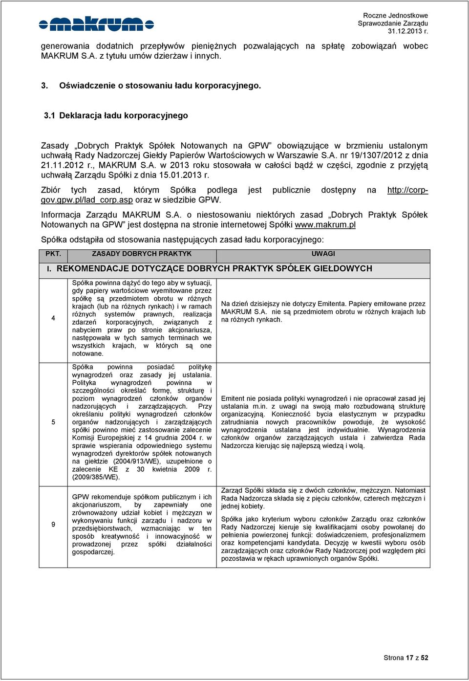 1 Deklaracja ładu korporacyjnego Zasady Dobrych Praktyk Spółek Notowanych na GPW obowiązujące w brzmieniu ustalonym uchwałą Rady Nadzorczej Giełdy Papierów Wartościowych w Warszawie S.A.