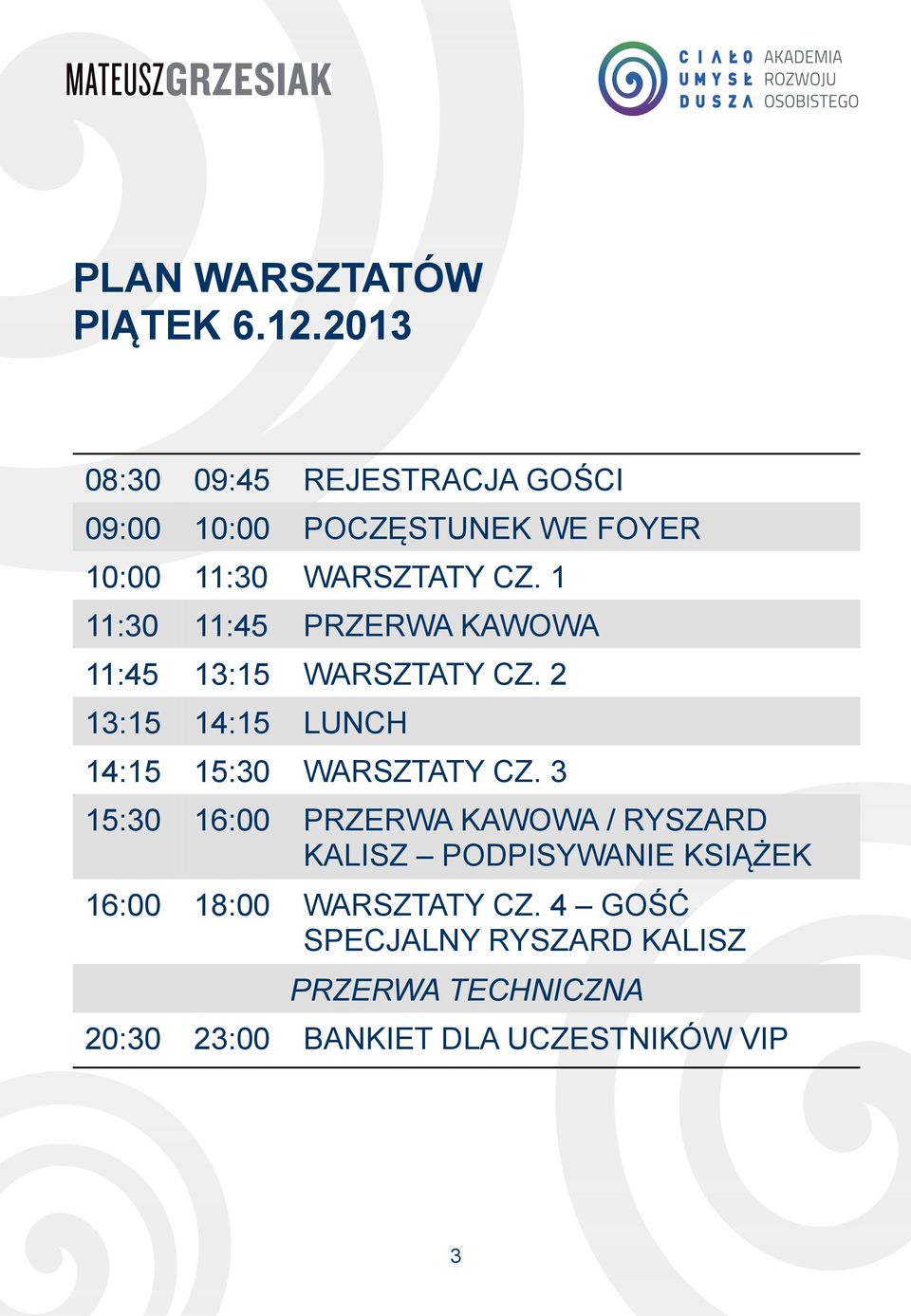 1 11:30 11:45 PRZERWA KAWOWA 11:45 13:15 WARSZTATY CZ. 2 13:15 14:15 LUNCH 14:15 15:30 WARSZTATY CZ.