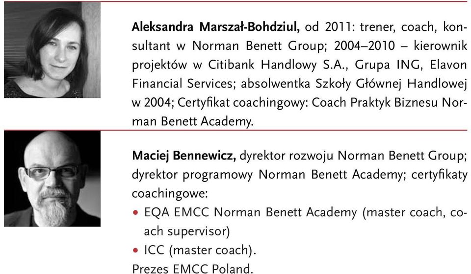 , Grupa ING, Elavon Financial Services; absolwentka Szkoły Głównej Handlowej w 2004; Certyfikat coachingowy: Coach Praktyk Biznesu