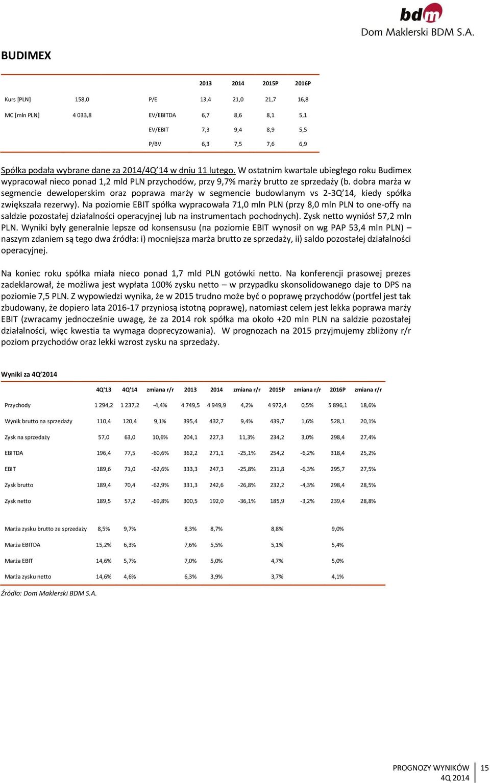 dobra marża w segmencie deweloperskim oraz poprawa marży w segmencie budowlanym vs 2-3Q 14, kiedy spółka zwiększała rezerwy).