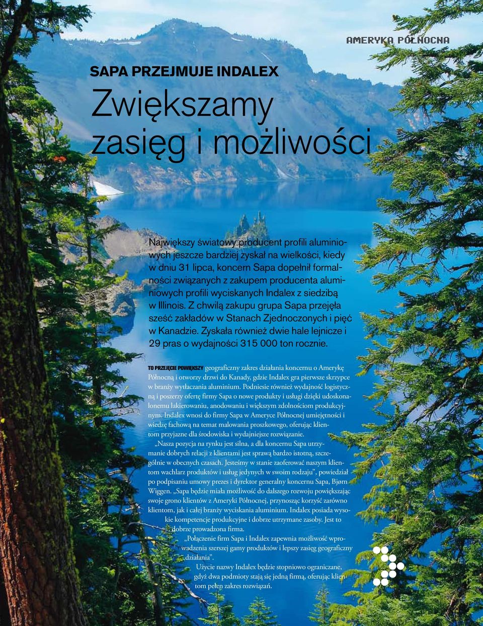 Z chwilą zakupu grupa Sapa przejęła sześć zakładów w Stanach Zjednoczonych i pięć w Kanadzie. Zyskała również dwie hale lejnicze i 29 pras o wydajności 315 000 ton rocznie.