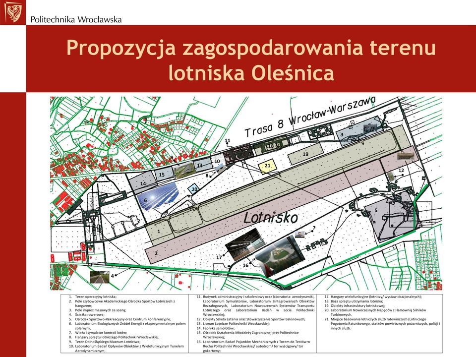 Laboratorium Ekologicznych Źródeł Energii z eksperymentalnym polem solarnym; 7. Wieża i symulator kontroli lotów; 8. Hangary sprzętu lotniczego Politechniki Wrocławskiej; 9.