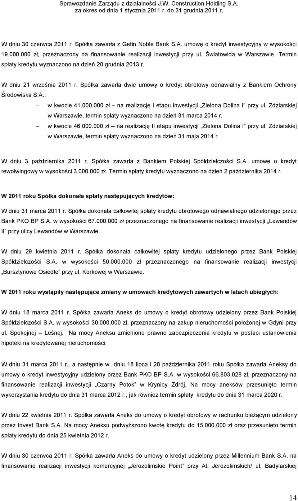 : w kwocie 41.000.000 zł na realizację I etapu inwestycji Zielona Dolina I przy ul. Zdziarskiej w Warszawie, termin spłaty wyznaczono na dzień 31 marca 2014 r. w kwocie 46.000.000 zł na realizację II etapu inwestycji Zielona Dolina I przy ul.