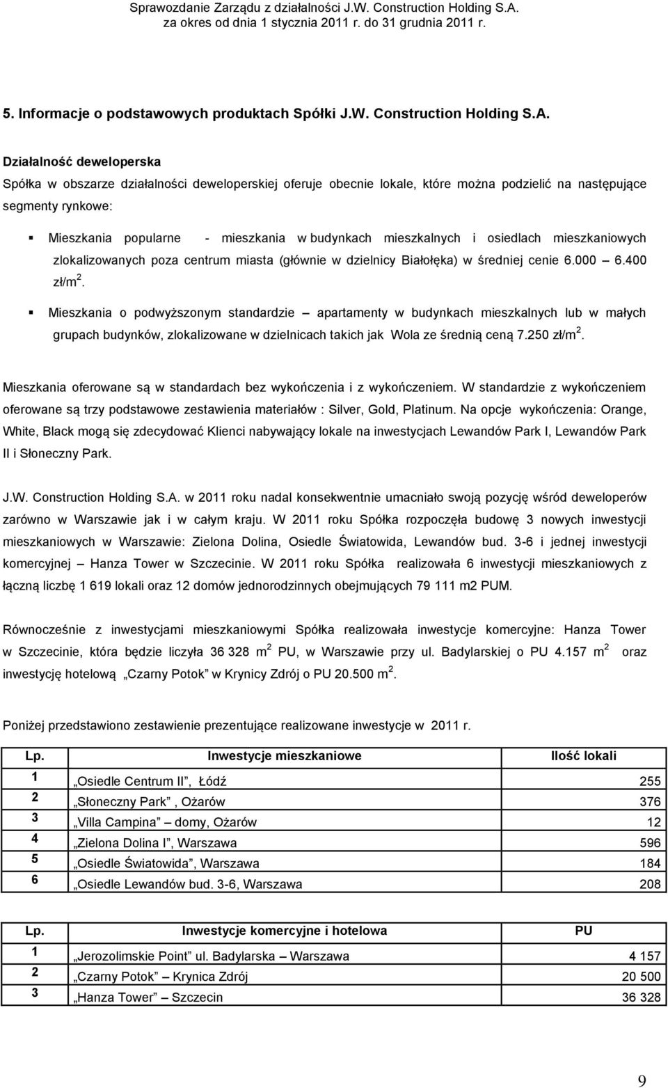 mieszkalnych i osiedlach mieszkaniowych zlokalizowanych poza centrum miasta (głównie w dzielnicy Białołęka) w średniej cenie 6.000 6.400 zł/m 2.