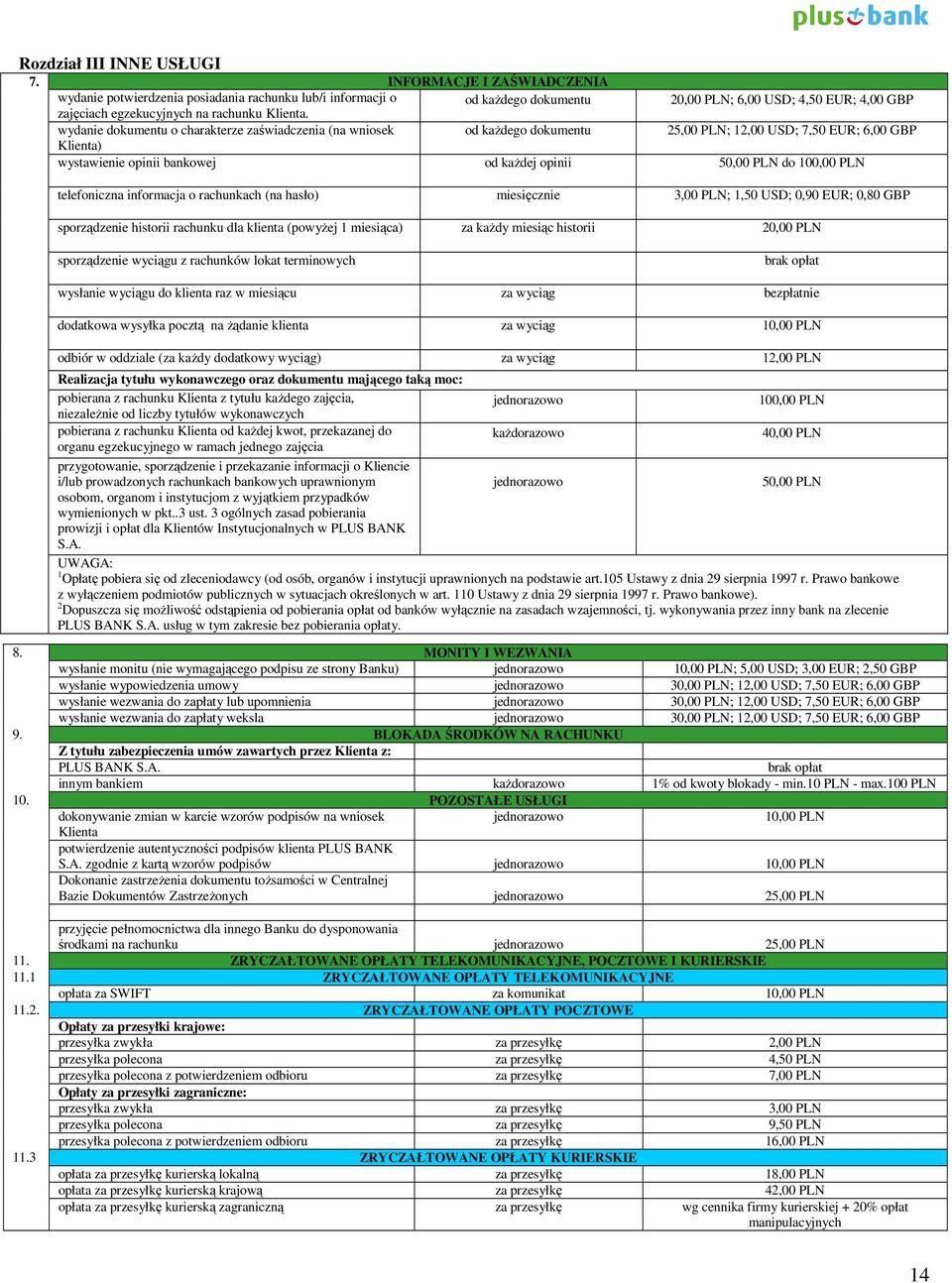 wydanie dokumentu o charakterze zaświadczenia (na wniosek od każdego dokumentu 25,00 PLN; 12,00 USD; 7,50 EUR; 6,00 GBP Klienta) wystawienie opinii bankowej od każdej opinii 50,00 PLN do 100,00 PLN